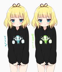  :t black_hoodie black_ribbon blonde_hair blue_eyes blush chitosezaka_suzu clothes_writing commentary_request cowboy_shot drawstring female gochuumon_wa_usagi_desu_ka? grey_background hair_ribbon hood hood_down hoodie hoodie_tug kirima_syaro long_sleeves looking_at_viewer multiple_views pout ribbon simple_background sleeves_past_wrists translated variations 