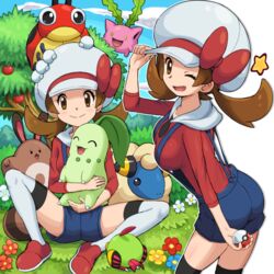  animal apricorn ass brown_eyes brown_hair bush chikorita commentary female flower food fruit grass hat holding holding_animal holding_poke_ball holding_pokemon hoppip ledyba looking_at_viewer lyra_(pokemon) mareep medium_hair natu on_ground on_head one_eye_closed open_mouth overall_shorts overalls poke_ball poke_ball_(basic) pokemoa pokemon pokemon_(creature) pokemon_hgss pokemon_on_head red_shirt sentret shirt shorts smile spread_legs strap_gap suspender_shorts suspenders thighhighs thighs twintails white_legwear zettai_ryouiki 