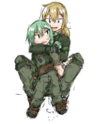  2girls annoyed blonde_hair blue_eyes boots breast_grab brown_eyes dutchko green_hair hug_from_behind lita_(dutchko) military_uniform multiple_girls simple_background sitting_on_lap teasing vesna_(dutchko) white_background yuri 