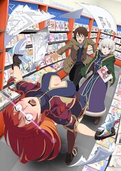  1boy 2girls :o ahe_gao angry anime_coloring aqua_(konosuba) ass blue_eyes blush bookshelf bookstore braid breasts brown_eyes brown_hair cleavage cleavage_cutout clothing_cutout commentary constricted_pupils cover cover_page double_v doujin_cover earrings glasses gloves highres indoors jewelry kono_subarashii_sekai_ni_shukufuku_wo! long_hair manga_(object) medium_breasts meteora_osterreich mizushino_souta multiple_girls official_style open_mouth panties parody perspective re:creators red_hair ripping sanohiramugi satou_kazuma selesia_upitiria shop short_hair silver_hair striped_clothes striped_panties tears thighhighs twin_braids underwear v 