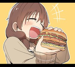  +++ absurdres blush brown_hair bural_chingu burger closed_eyes commentary double-decker_hamburger_bun drooling eating female food ham_na-bi highres holding holding_food korean_commentary letterboxed luke_(dydansgur) open_mouth original solo 