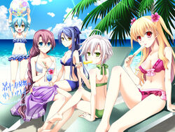  5girls :d ahoge alisa_reinford alternate_costume antenna_hair arms_up bad_id ball barefoot beach beach_chair beachball bikini blonde_hair blue_eyes blue_hair blush bow braid breasts cleavage cocktail crossed_legs day drinking_straw eating eiyuu_densetsu emma_millstein fie_claussell flower food frilled_bikini frills from_behind glasses green_eyes grey_hair groin hair_flower hair_ornament hairbow hibiscus holding holding_ball holding_food kanchuumimai large_breasts laura_s._arseid long_hair looking_at_viewer looking_back medium_breasts midriff millium_orion morisaki_kurumi multiple_girls navel ocean open_mouth outdoors palm_tree ponytail popsicle purple_hair red_eyes sarong sen_no_kiseki short_hair single_braid sitting sky smile soles standing sunlight swimsuit tree two_side_up water yellow_eyes 