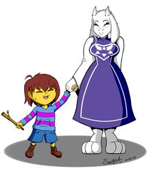  ambiguous_gender anthro barefoot boss_monster_(undertale) bovid breasts caprine closed_eyes clothed clothing dress duo feet female frisk_(undertale) fur hand_holding hi_res human lolicon mammal mature_anthro mature_female mehdrawings mother_(lore) parent_(lore) smile stripes toriel undertale undertale_(series) white_body white_fur young 