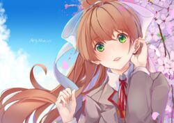  adjusting_hair blazer blue_sky bow brown_hair cherry_blossoms cloud collared_shirt commentary day doki_doki_literature_club female green_eyes grey_jacket hairbow hands_up highres jacket long_hair long_sleeves looking_at_viewer monika_(doki_doki_literature_club) neck_ribbon orange_sweater outdoors parted_lips petals ponytail red_ribbon ribbon school_uniform shirt sidelocks sky solo sweater tareme teeth tree upper_body very_long_hair white_bow white_shirt wind wing_collar xhunzei 