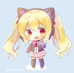  :d animal_ear_headphones animal_ears azur_lane black_jacket black_thighhighs blonde_hair blue_background blush brown_footwear candy cat_ear_headphones cat_ears chibi commentary_request concord_(azur_lane) fake_animal_ears female food full_body hair_between_eyes headphones holding holding_candy holding_food holding_lollipop jacket kou_hiyoyo lollipop long_hair long_sleeves lowres oerba_yun_fang open_clothes open_jacket open_mouth pleated_skirt red_eyes shirt skirt smile solo standing thighhighs twintails twitter_username very_long_hair white_shirt white_skirt 