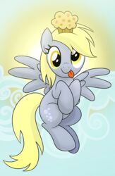  2014 absurd_res blonde_hair cloud cutie_mark derp_eyes derpy_hooves equid equine feathered_wings feathers female feral food friendship_is_magic grey_body grey_feathers hair hasbro hi_res looking_at_viewer mammal muffin my_little_pony mythological_creature mythological_equine mythology outside pegasus simple_background sitting sky solo sun theairevolution tongue tongue_out wings yellow_eyes 