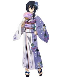  black_eyes black_hair blue_flower female floral_print flower full_body hair_between_eyes hair_flower hair_ornament hand_fan hand_on_own_hip holding holding_fan hydrangea hydrangea_hair_ornament hydrangea_print japanese_clothes kimono log_horizon long_bangs looking_at_viewer obi official_art paper_fan purple_flower sash short_hair_with_long_locks sidelocks simple_background solo standing takayama_misa uchiwa white_background yukata 