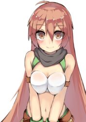  ahoge arm_belt bandeau battery_aida_ni_misu_ga_deta blush breasts breasts_squeezed_together brown_eyes brown_hair commentary_request female gloves large_breasts long_hair looking_at_viewer navel sennen_sensou_aigis smile solo soma_(sennen_sensou_aigis) strapless upper_body very_long_hair white_background 