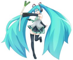  absurdly_long_hair aqua_eyes aqua_hair arm_behind_back black_footwear black_skirt black_thighhighs blush boots breasts collared_vest commentary_request daidaiiro detached_sleeves embarrassed female hair_ornament hatsune_miku headphones highres holding long_hair looking_at_viewer necktie open_mouth pleated_skirt simple_background skirt small_breasts solo spring_onion standing standing_on_one_leg thigh_boots thighhighs twintails very_long_hair vest vocaloid wavy_mouth white_background zettai_ryouiki 