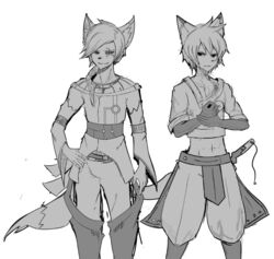  anthro canid canine clothed clothing duo fox fur greyscale hair kakuteki11029 knife looking_at_viewer male mammal monochrome smile standing 