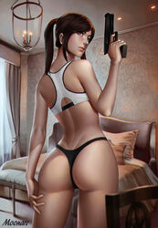  arm_at_side artist_name ass audia_pahlevi bad_deviantart_id bad_id bare_arms bare_shoulders bed bed_sheet black_panties blanket brown_hair chair chandelier claire_redfield closed_mouth cowboy_shot curtains day female finger_on_trigger fingernails from_behind gun hand_on_thigh hand_up handgun highres holding holding_gun holding_weapon indoors legs_apart lips long_hair looking_back nose panties parted_bangs pillow pink_lips piston ponytail resident_evil resident_evil_2 solo sports_bra thong underwear weapon window 