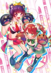  2girls :d animal_ears animal_hands bear_ears bear_girl bear_paws black_hair commentary_request copyright_name crown gloves green_eyes grin hiwakana6121 maid_headdress multiple_girls necktie oerba_yun_fang open_mouth paw_gloves paw_shoes pink_eyes red_hair shoes smile twintails v-shaped_eyebrows yuri_kuma_arashi yurigasaki_lulu yurishiro_ginko 