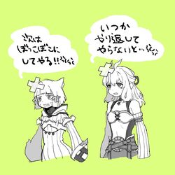  animal_ears blunt_bangs bodysuit breasts cat_ears commentary_request female fiora_(xenoblade) gloves lobsterbaby99 long_hair monochrome navel nia_(xenoblade) open_mouth ribbon short_hair simple_background translation_request xenoblade_chronicles_(series) xenoblade_chronicles_1 xenoblade_chronicles_2 