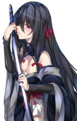  bare_shoulders bell black_hair blue_eyes blush bow breasts cleavage commentary_request cowboy_shot detached_sleeves eyebrows eyes_visible_through_hair female hair_between_eyes hair_ribbon halterneck heterochromia highres holding holding_sword holding_weapon japanese_clothes jingle_bell katana kimono kirihime_yoruka large_breasts long_hair long_sleeves looking_at_viewer minamon_(vittel221) obi purple_eyes red_bow red_ribbon ribbon saijaku_muhai_no_bahamut sash short_kimono simple_background solo sword tongue tongue_out tress_ribbon very_long_hair weapon white_background wide_sleeves 