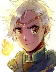  1boy boey_(fire_emblem) circlet commentary_request dark-skinned_male dark_skin fire fire_emblem fire_emblem_echoes:_shadows_of_valentia kash-phia male_focus portrait simple_background solo white_background white_hair 