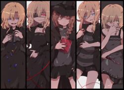  black_dress blonde_hair blue_eyes blue_flower blue_rose commentary dress ellen_(majo_no_ie) flower genre_connection higyaku_no_noel ib_(kouri) knife long_hair madotsuki majo_no_ie mary_(ib) multiple_girls noel_cerquetti rachel_gardner red_eyes rose satsuriku_no_tenshi shirone_(shiromame-0111) witch yume_nikki 