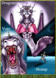  anthro armor aya blue_eyes bodily_fluids border breasts clothed clothing dragon drooling duo ear_piercing english_text feet female foot_focus gem green_border horn human imminent_vore jewelry larger_anthro larger_female looking_at_viewer macro mammal markie membrane_(anatomy) membranous_wings moon multiple_images mythological_creature mythological_scalie mythology necklace night omnivore_teeth open_mouth piercing plantigrade running saliva scalie sharp_teeth size_difference solo star teeth text tongue uvula vore wings 