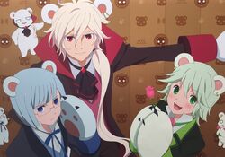  3boys :d animal_ears animal_hands artist_request bear bear_ears bear_paws blue_eyes blue_hair copyright_name flower glasses gloves green_eyes green_hair life_beauty life_cool life_sexy male_focus multiple_boys official_art open_mouth paw_gloves ponytail red_eyes rose smile white_hair yuri_kuma_arashi 