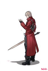  1boy blood blood_on_hands blood_on_weapon boots coat commentary_request dante_(devil_may_cry) devil_may_cry_(series) devil_may_cry_3 ebony_&amp;_ivory fingerless_gloves force_edge_(dmc) gloves gun hallot handgun highres holding holding_sword holding_weapon holster looking_at_hand medium_hair red_coat signature simple_background standing sword weapon white_background white_hair 