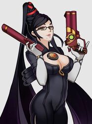  arm_strap bayonetta bayonetta_(series) beehive_hairdo black-framed_eyewear black_hair bodysuit breasts cleavage cleavage_cutout clothing_cutout commentary cowboy_shot double_barrels dual_wielding elbow_gloves english_commentary eyeshadow female finger_on_trigger from_side glasses gloves grey_background grey_eyes gun hair_over_shoulder hair_ribbon half_updo handgun high_ponytail highres holding holding_gun holding_weapon large_breasts light_smile lips long_hair looking_at_viewer looking_back makeup mole mole_under_mouth outline photoshop_(medium) pinky_out ponytail red_ribbon ribbon scarborough_fair_(bayonetta) sidelocks simple_background smile solo splashbrush split_ponytail standing swept_bangs thighs very_long_hair weapon white_gloves wristband 