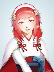  aqua_background artist_name aruetsuto cape commentary_request female fire_emblem fire_emblem_fates hairband open_mouth photoshop_(medium) pink_eyes pink_hair sakura_(fire_emblem) solo 