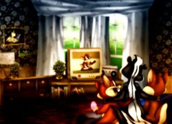  amegared anthro ass book buckteeth detailed_background electronics group home looney_tunes mac_(looney_tunes) male mammal mephitid nude pepe_le_pew rear_view show skunk striped_skunk teeth television tosh warner_brothers watching_tv whiskers 