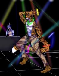  anthro bottomwear canid canine cargo_pants clothing colorful_theme dance_floor dancing darachi disc_jockey electronics fox glowstick grid_floor headphones lights looking_at_viewer male mammal mcandrews one_eye_closed pants plantigrade rave stripes wink 