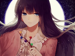  aa386993338 bad_id bad_pixiv_id blue_eyes branch female floating_hair full_moon holding houraisan_kaguya jeweled_branch_of_hourai long_hair moon sky sleeves_past_wrists solo star_(sky) starry_sky touhou 