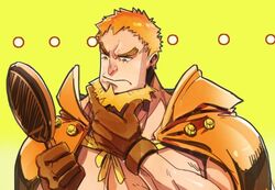  1boy beard blonde_hair brown_eyes cape charlotte_oven commentary_request facial_hair gloves korean_commentary living_(pixiv5031111) male_focus mirror multicolored_hair one_piece orange_hair pectorals solo topless_male two-tone_hair yellow_background 