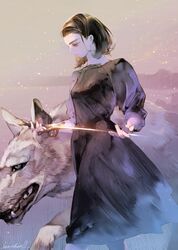  a_song_of_ice_and_fire artist_name arya_stark black_dress brown_hair character_request commentary_request dress female game_of_thrones head_tilt holding holding_sword holding_weapon isaac_hein_iii korean_commentary outdoors short_hair signature snowing solo standing sword weapon wolf 