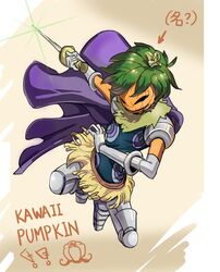  ! !! 1boy ? armored_boots boots cape commentary_request gloves green_hair katou_(one_piece) korean_commentary leaf living_(pixiv5031111) male_focus one_piece pumpkin solo sword translated weapon 