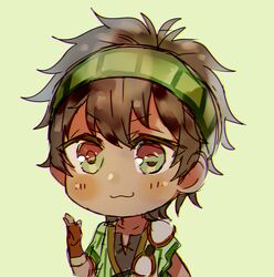  1boy :3 brown_hair chibi commentary_request dark-skinned_male dark_skin fingerless_gloves fire_emblem fire_emblem_echoes:_shadows_of_valentia gloves gray_(fire_emblem) green_background green_eyes headband highres kash-phia male_focus portrait simple_background solo 