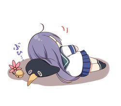  akebono_(kancolle) alternate_hairstyle bell blue_skirt commentary_request failure_penguin female flower hair_bell hair_down hair_flower hair_ornament jingle_bell kantai_collection long_hair lying on_side pleated_skirt sazaki_hiyoru school_uniform serafuku short_sleeves skirt solo unworn_hair_ornament 