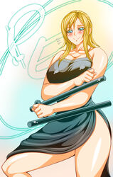  aya_brea bare_legs bare_shoulders black_dress blonde_hair blue_eyes breasts cleavage commentary_request dress female ginnyo high_heels highres large_breasts lips parasite_eve photoshop_(medium) shoes short_hair side_slit solo swept_bangs thighs tonfa torn_clothes torn_dress weapon 