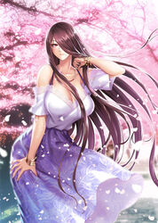  breasts cleavage female huge_breasts lilith-soft long_hair sakura_petals trees zol 