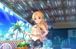  annin_doufu bikini drink food fruit idolmaster idolmaster_cinderella_girls idolmaster_cinderella_girls_starlight_stage kiryu_tsukasa navel necklace orange_hair purple_eyes shade shorts summer swimsuit watermelon wristwear 