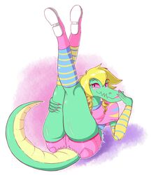  absurd_res alligator alligatorid anthro ass biped blush bottomwear bratty_(undertale) camel_toe clothing crocodilian female footwear hi_res legwear mehdrawings pink_sclera reptile scalie shoes shorts smile socks solo undertale undertale_(series) 