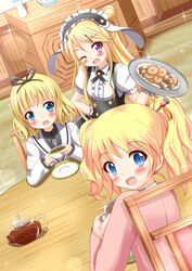  3girls :d ;d alice_cartelet animal_ears black_hairband blonde_hair blue_eyes blunt_bangs blush bow cafe checkerboard_cookie color_connection commentary_request company_connection cookie cosplay crossover cup fake_animal_ears fleur_de_lapin_uniform food frilled_hairband frills gochuumon_wa_usagi_desu_ka? hair_bun hair_color_connection hair_ornament hair_stick hairband hairbow hairclip hairpin highres kin-iro_mosaic kirima_syaro kirima_syaro_(cosplay) kujou_karen long_hair looking_at_viewer looking_back manga_time_kirara multiple_girls one_eye_closed open_mouth purple_eyes rabbit_ears saucer short_hair single_hair_bun smile sparkle table tea teacup teapot tile_floor tiles tray twintails uniform wooden_chair wooden_table x_hair_ornament xenon_(for_achieve) 