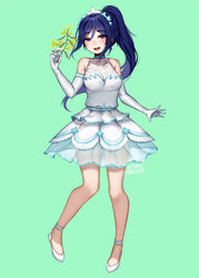  :d bare_shoulders blue_hair commentary dress elbow_gloves english_commentary eyebrows_visible_through_hair full_body gloves green_background long_hair looking_at_viewer love_live! love_live!_sunshine!! matsuura_kanan open_mouth ponytail purple_eyes simple_background smile solo terupancake thank_you_friends!! white_dress white_gloves 