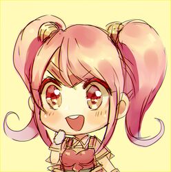  :d armor breastplate chibi chromatic_aberration circlet commentary_request female fire_emblem fire_emblem_echoes:_shadows_of_valentia gloves hand_to_own_mouth highres kash-phia long_hair mae_(fire_emblem) open_mouth pink_eyes pink_hair round_teeth simple_background smile solo teeth twintails upper_body yellow_background 