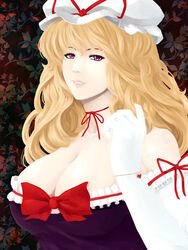  arm_ribbon bare_shoulders blonde_hair breasts choker cleavage commentary_request dress elbow_gloves eyelashes female floral_background frilled_gloves frills gloves hand_in_own_hair hat hat_ribbon highres jewelry large_breasts long_hair looking_at_viewer mob_cap nose ototarou parted_lips pendant pink_lips playing_with_own_hair purple_dress purple_eyes ribbon ribbon_choker smile solo strapless strapless_dress teeth touhou white_gloves yakumo_yukari 