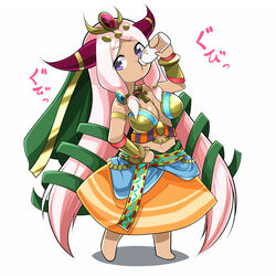  ankh armlet bad_id bad_pixiv_id bare_shoulders barefoot bottle bracer breasts cleavage commentary_request cow_horns dark-skinned_female dark_skin drinking egyptian female gochiwa hair_ornament hand_on_own_hip hathor_(p&amp;d) highres holding horns jewelry large_breasts long_hair long_skirt milk milk_bottle navel necklace orange_skirt pink_hair purple_eyes puzzle_&amp;_dragons skirt solo very_long_hair 