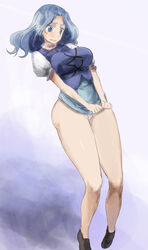  ass bad_anatomy black_footwear blue_eyes blue_hair breasts commentary_request cosplay dress dress_tug female frilled_shirt_collar frilled_sleeves frills fundoshi japanese_clothes kumoi_ichirin large_breasts loafers medium_hair parted_lips puffy_short_sleeves puffy_sleeves shoes short_sleeves solo tatara_kogasa tatara_kogasa_(cosplay) thick_eyebrows thick_thighs thighs touhou undersized_clothes v-shaped_eyebrows v_arms yohane 