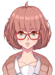  blush bob_cut cardigan female glasses highres kuriyama_mirai kyoukai_no_kanata mynare photoshop_(medium) pink_hair red-framed_eyewear school_uniform serafuku short_hair simple_background solo teeth yellow_eyes 