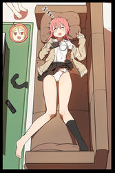  2girls absurdres barefoot black_border black_legwear border bural_chingu cellphone closed_eyes clothes_lift commentary controller couch earphones full_body hair_between_eyes highres korean_commentary lee_ji-eun lee_ji-min luke_(dydansgur) multiple_girls out_of_frame panties phone pink_hair remote_control short_hair_with_long_locks single_sock skirt skirt_lift sleeping smartphone socks solo_focus spoken_character sweatdrop underwear zzz 