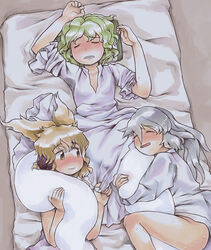  3girls bed blush bottomless brown_eyes brown_hair buranantoka clothes_pull commentary_request dress dress_pull earmuffs ghost_tail green_hair grey_hair hugging_another&#039;s_tail hugging_tail long_hair lying mononobe_no_futo multiple_girls no_panties on_back pointy_hair ponytail short_hair sleeping sleepwear smile soga_no_tojiko sweat tail tail_pillow touhou toyosatomimi_no_miko 