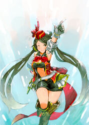  belt blackball blush boots clothing_cutout commentary_request detached_sleeves female gloves granblue_fantasy harie_(granblue_fantasy) hat long_hair looking_at_viewer mini_hat navel navel_cutout one_eye_closed pointing pointing_up red_ribbon ribbon smile solo twintails very_long_hair white_belt white_gloves 