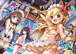  3girls :d akabane_(zebrasmise) animal_ears apron arm_up ass beach beer_mug bikini bikini_skirt black_bikini black_hair black_legwear black_skirt blonde_hair blue_eyes blush bow bowtie breasts brown_eyes cat_ears cat_tail ceiling closed_mouth cloud cloudy_sky clover_hair_ornament cocktail_flower commentary_request covering_privates cup day detached_collar drink dutch_angle embarrassed flower food frilled_bikini frilled_cuffs frilled_legwear frilled_skirt frills from_behind front-tie_bikini_top front-tie_top frown glass glass_float hair_flower hair_ornament hairbow hairclip hibiscus holding holding_tray indoors kooribata lens_flare long_hair looking_at_viewer maid_headdress mug multiple_girls navel nose_blush open_mouth orange_bikini orange_bow orange_bowtie orange_skirt original outstretched_arm pink_bikini pink_bow pink_bowtie red_eyes renoa_(akabane) shaved_ice skirt sky small_breasts smile sparkle standing string_bikini string_of_flags swimsuit tail thighhighs tray v_arms waist_apron waitress water_drop wristband yona_(akabane) yotsuba_(akabane) 