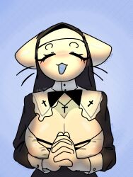  3:4 anthro big_breasts blue_tongue blush bow_knot bow_tie breasts catgod christian_cross christian_symbol christianity clothed clothing cross crucifix domestic_cat felid feline felis female fox_san fur hi_res looking_at_viewer mammal nun_outfit open_mouth religion religious_symbol simple_background solo tongue white_body 