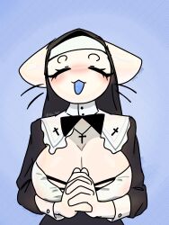  3:4 anthro big_breasts blue_tongue blush bow_knot bow_tie breasts catgod christian_cross christian_symbol christianity clothed clothing cross crucifix digital_media_(artwork) felid female fox_san fur hi_res looking_at_viewer mammal nun_outfit open_mouth religion religious_symbol simple_background solo tongue white_body 